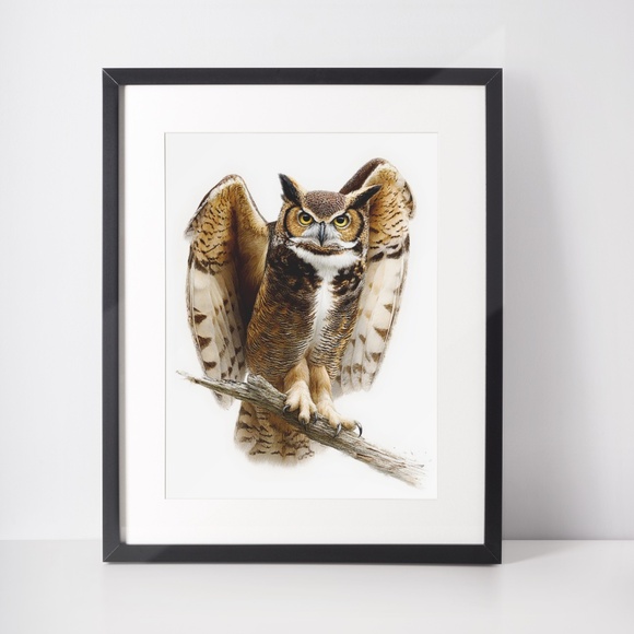 Watercolor Great Horned Owl Portrait Wall Art Print, Unframed - Woodland - Picture 2 of 6